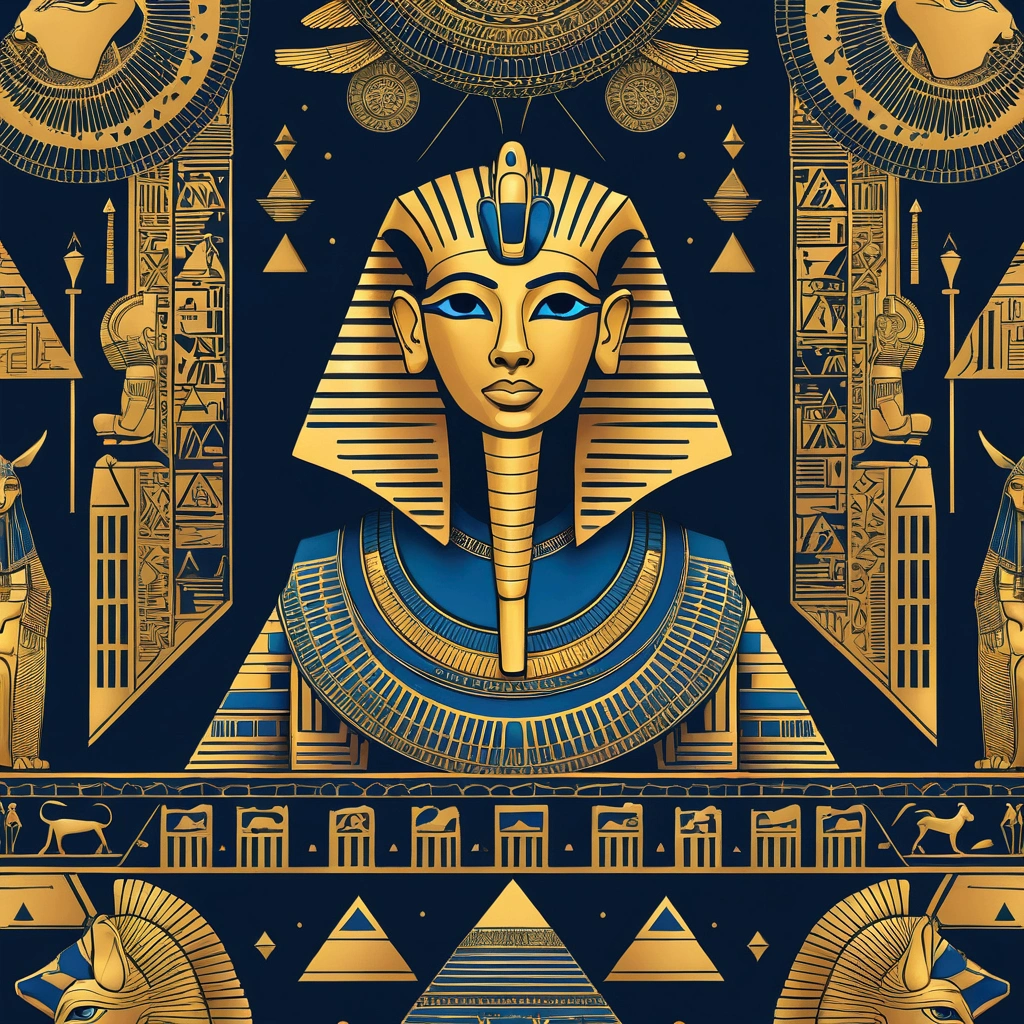 Create a vibrant, stylized illustration inspired by ancient Egypt for a shirt print. The image must include iconic elements such as pyramids, Sphinx, Pharaohs, Egyptian hieroglyphics and gods such as Anubis and Isis. Use a gold-rich color palette, blue and black, and incorporate geometric patterns and ornamental details to capture the essence of classical Egyptian art. The composition must be dynamic and attractive, ideal for a modern and elegant print.