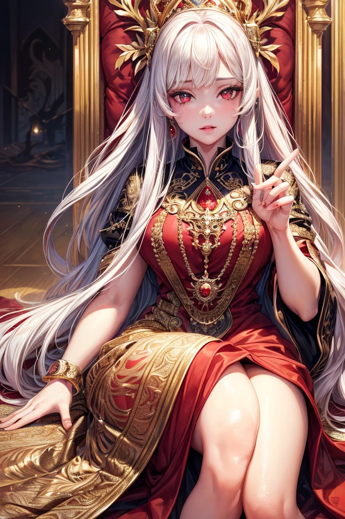 (highres, realistic, beautiful detailed eyes, beautiful detailed lips, detailed face),(naive girl, innocent girl),(queen, woman, royalty),(red eyes, long white hair),(glorious, majestic, regal), (golden, sparkling),(gorgeous black and red simple gown),(full body)