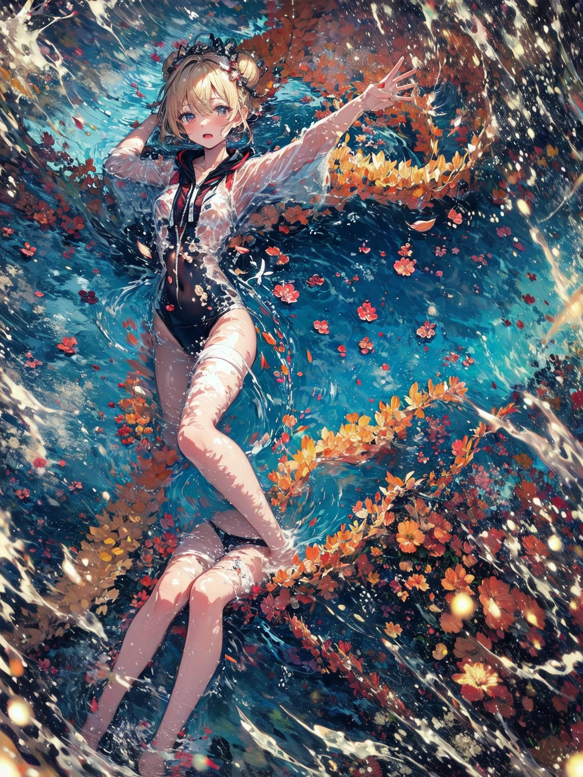 (NSFW:1.1), masterpiece, Highest quality, Ultra-high resolution, Highest Resolution, Very detailed, whole body, thin, very cute, Complete limbs, Shining Eyes, Full Finger, Slender beauty, Blonde Bun Hair, Embarrassed look, Writhing expression, school swimsuit, Glowing Skin, Knee-length, pool, Bubble, Wind
