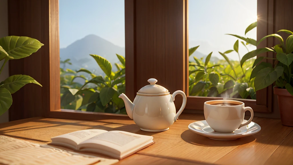 A steaming cup of coffee rests gently on a table. Ao fundo, an open window reveals a new day beginning. Gentle rays of sunlight break through the curtain, painting the environment with golden tones. The morning breeze gently ruffles the leaves of nearby plants, creating a light murmur. The sky is dyed clear blue, indicating a promising day ahead. The cup of coffee emits a comforting aroma, inviting you to a moment of pause and reflection. The dawn light reflects on the condensation drops on the cup, like little diamonds. It is a scenario that conveys serenity and the promise of new opportunities on the horizon..