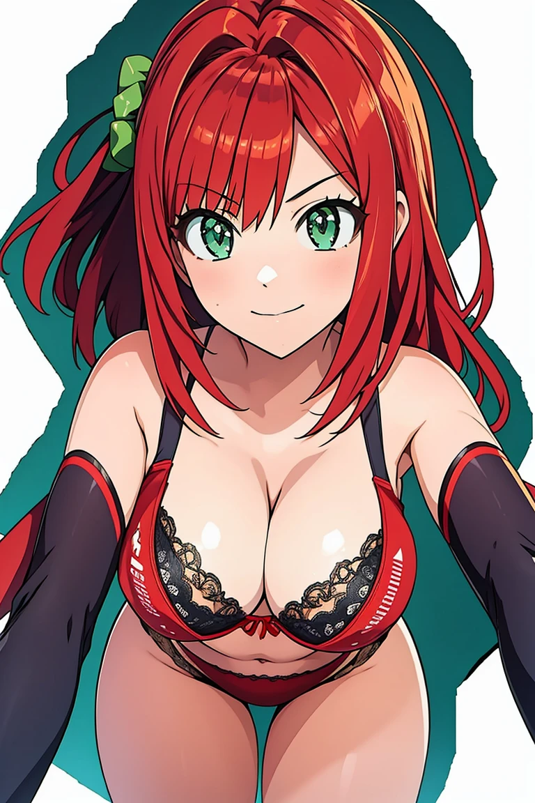 anime girl, leaning forward, forward the viewer, red hair, green eyes, front view, bra