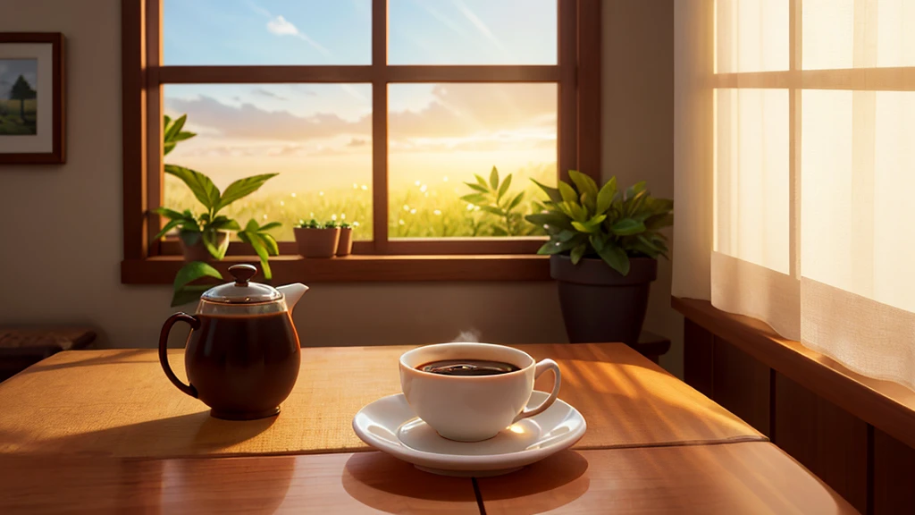 A steaming cup of coffee rests gently on a table. Ao fundo, an open window reveals a new day beginning. Gentle rays of sunlight break through the curtain, painting the environment with golden tones. The morning breeze gently ruffles the leaves of nearby plants, creating a light murmur. The sky is dyed clear blue, indicating a promising day ahead. The cup of coffee emits a comforting aroma, inviting you to a moment of pause and reflection. The dawn light reflects on the condensation drops on the cup, like little diamonds. It is a scenario that conveys serenity and the promise of new opportunities on the horizon..