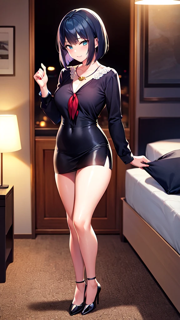 {akane kurokawa:1.5}, {oshinoko}, (8k), ((Best Quality)), (Ultra-Detailed), High Resolution, Extremely Details CG, ((Photorealistic:1.2)), official art, by famous artist, perfect hands, perfect anatomy, super detailed skin, Beautifully Detailed Eyes, Beautifully Detailed Skin, Beautifully Detailed Hand, Beautifully Detailed Fingers, Beautifully Detailed Lip, Shiny Skin, Shiny Skin, Glossy Skin, PUPILS SPARKLING, Moody Lighting, Film Reflection, Deep Rendering, beautiful countenance, 1 girl in, 独奏, 25 years old, blue hair, Bob cut with even ends, Round eyes, green-blue eyes, wince, (Yandere Women), my room, ((night)), Ruffled shirt, skirt, full body,