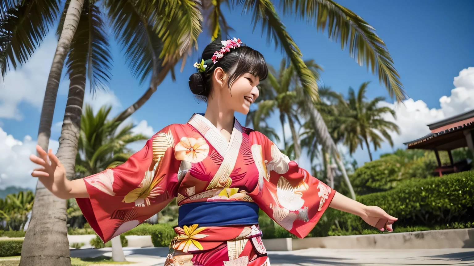 A Japanese woman in a yukata dancing hula。Palm tree in the background。Tropical landscapes