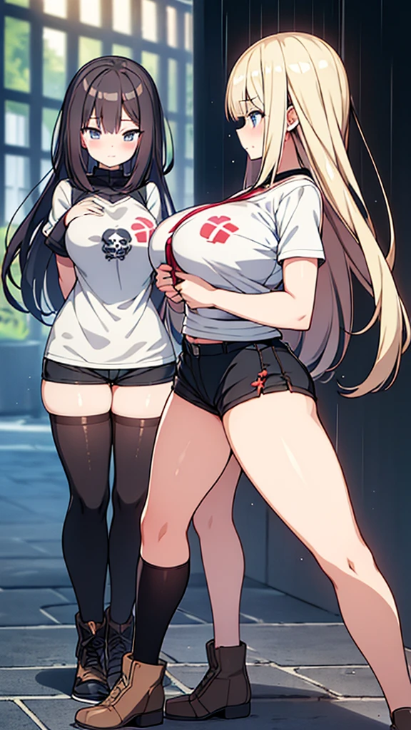 Full body image, front, One girl, 18-year-old, Mix 4, (32K, RAW Photos, Highest quality, masterpiece:1.2), (Anime-like, photoAnime-like:1.37), cute, Short sleeve T-shirt,Shorts,Black knee socks, night, rain, Humidity, Professional Lighting, Photon Mapping, Radio City, Physically Based Rendering, Super Resolution, (Big Breasts:1.2), {{The biological weapon that had preyed on the younger sister took her place and reunited with the older brother, The rebellious little sister has become the obedient little sister}}, Girl Skull, whole body, NSFW