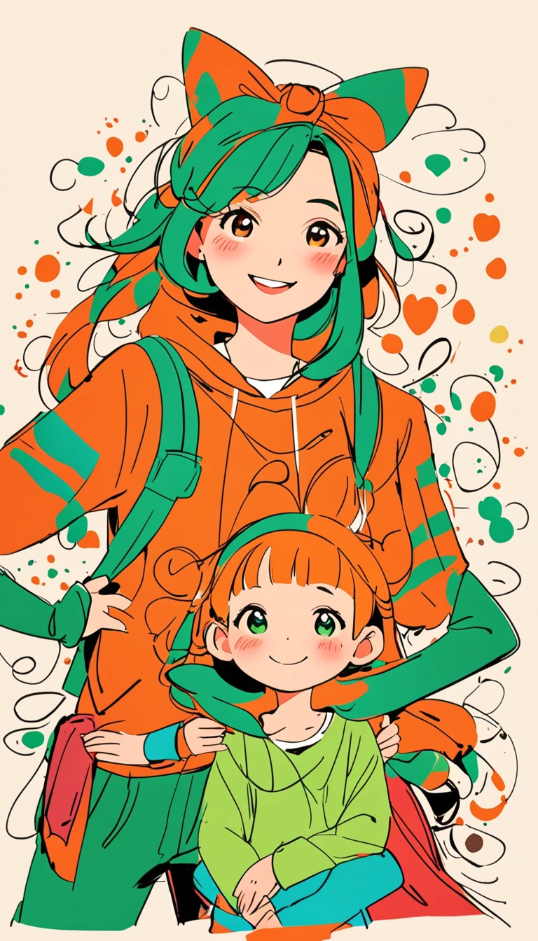 (((Exaggerated digital character sketches:1.37))).(Happy family)，(black速写线条，Loose brushstrokes create the outline，Cartoon Style. Bright colors and simplified lines, sketch)。green，orange color，red，black