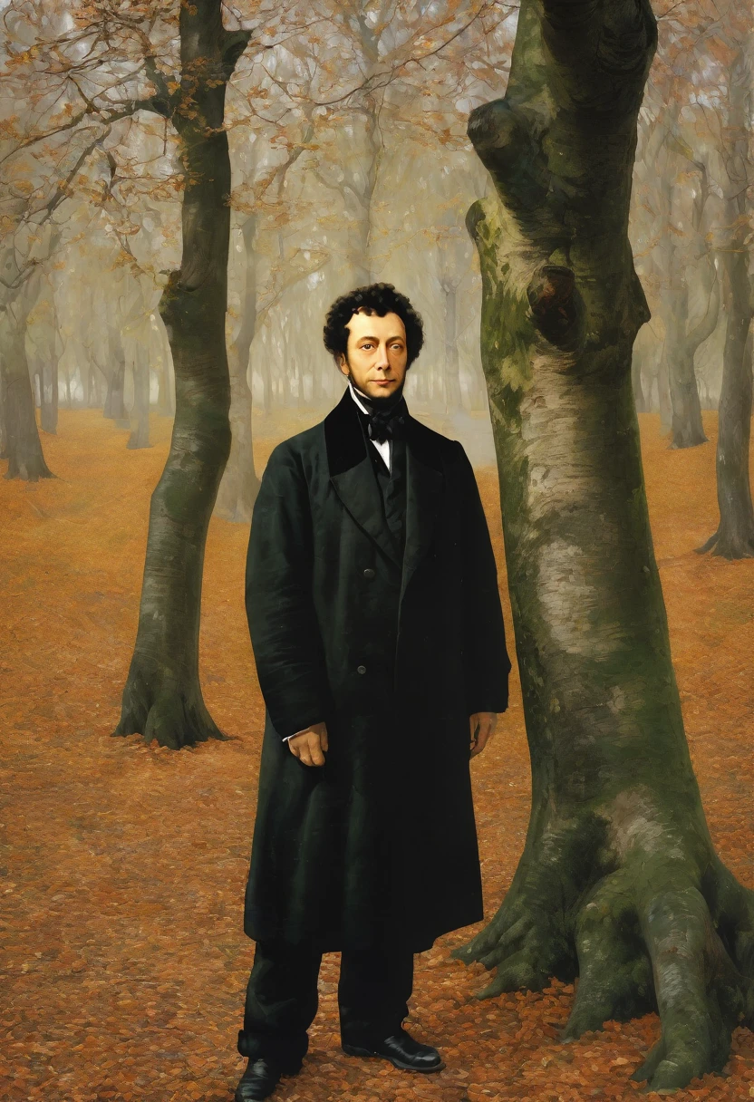 portrait of Pushkin under a spreading oak using grattage technique