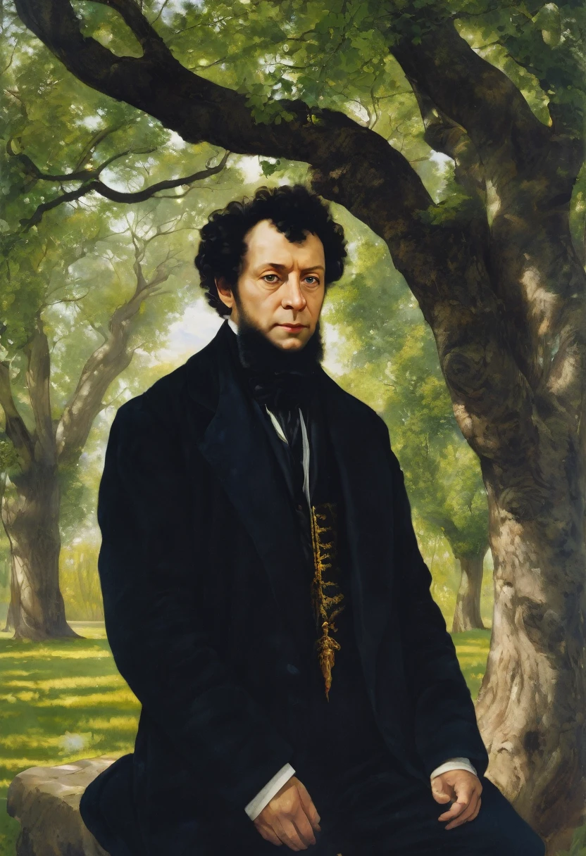 portrait of Pushkin under a spreading oak using grattage technique