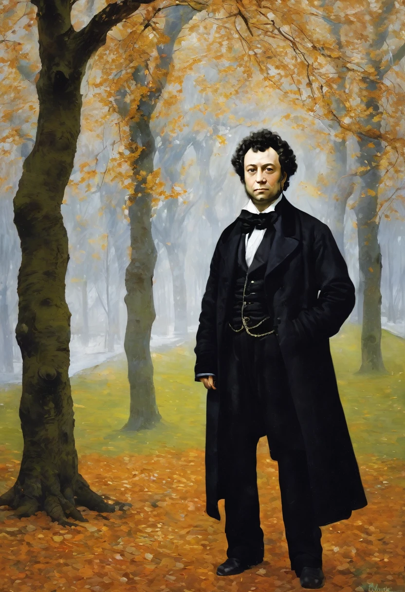 portrait of Pushkin under a spreading oak using grattage technique