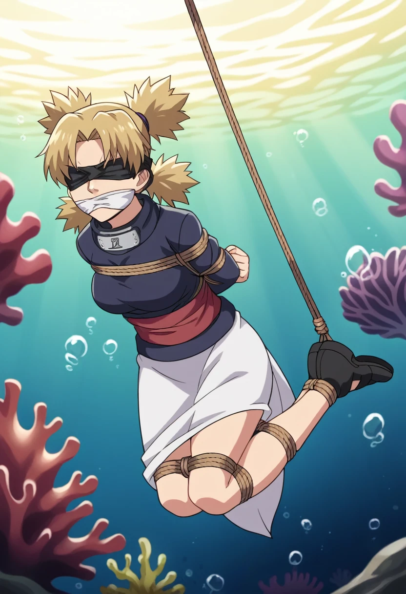 score_9, score_8_up, score_7_up, score_6_up, score_5_up, score_4_up, BREAK, source_anime, ytemari, 1girl, blonde hair, quad tails, white cloth blindfold over eyes fishnets, purple garment, sash, solo, simple background, anime screencap, anime coloring, cloth gagged, underwater background, shibari, hands behind back, eyes closed, show full body, underwater background, coral reef, face turning blue from oxygen depravation, looking above, tied up with tape and rope, ball and chain on one leg, legs bound, wrists bound, white cloth gag, subject off center to the left, legs and ankles tied up, white cloth blindfold, white cloth gag, white cloth blindfold, angry and panic expression