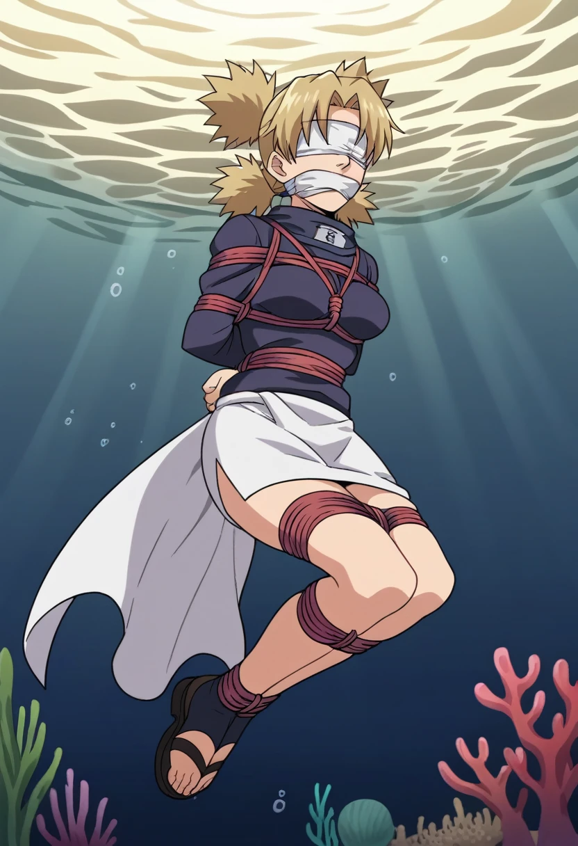 score_9, score_8_up, score_7_up, score_6_up, score_5_up, score_4_up, BREAK, source_anime, ytemari, 1girl, blonde hair, quad tails, white cloth blindfold over eyes fishnets, purple garment, sash, solo, simple background, anime screencap, anime coloring, cloth gagged, underwater background, shibari, hands behind back, eyes closed, show full body, underwater background, coral reef, face turning blue from oxygen depravation, looking above, tied up with tape and rope, ball and chain on one leg, legs bound, wrists bound, white cloth gag, subject off center to the left, legs and ankles tied up, white cloth blindfold, white cloth gag, white cloth blindfold, angry and panic expression