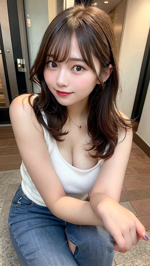 highest quality, shape, Very detailed, finely, High resolution, 8k wallpaper, Perfect dynamic shape, Beautiful and detailed, Summer clothes,Medium Hair,Natural color lip,smile,20-year-old girl、Midnight、Beautiful and elaborate face、Perfect and beautiful face、Slim face and figure,spread your arms wide,Big eyes,Take a photo with your face raised from below your knees、Small face、Beautifully detailed face、Perfect and beautiful double eyelids、Big cleavage、Long, Slender legs、One Woman、gravure、Skinny jeans、Watching the audience、runVery long hair, Blushing,