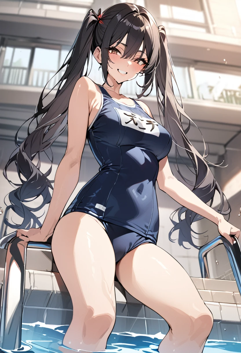 masterpiece, Highest quality, Girl,smile,School Swimsuit,Pool,Long black hair,Brown eyes,Stylish,Twin tails