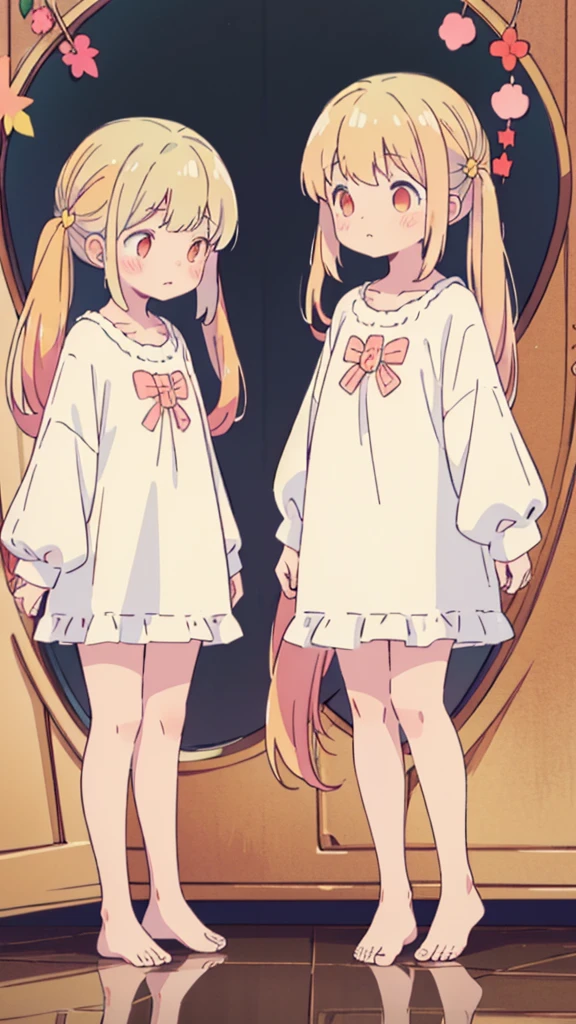 ((masterpiece))((Highest quality))girl、Confused eyes、blush、Flat Chest、Are thin、Blonde Hair、blush、Are standing、Whole body image、Eye level on face、、No background、Hair is two colors、Twin tails、Red Eyes、Two-tone red and yellow hair、Whole body image、Reflected to the toes