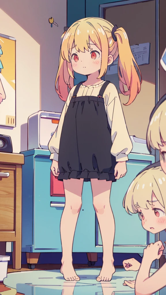 ((masterpiece))((Highest quality))girl、Confused eyes、blush、Flat Chest、Are thin、Blonde Hair、blush、Are standing、Whole body image、Eye level on face、、No background、Hair is two colors、Twin tails、Red Eyes、Two-tone red and yellow hair、Whole body image、Reflected to the toes