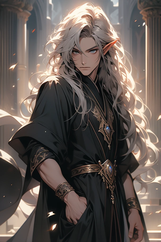 (fidelity: 1.4), best quality, 4k, masterpiece, male, thin, muscular, pointy ears, light gray skin, long curly white hair, red eyes, smile, bard, do not disturb, back on the pipa