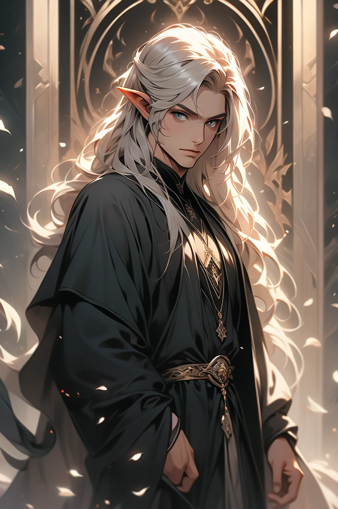 elven mage, black robes, black long hair, male