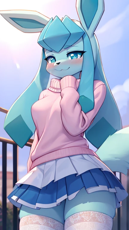 best quality,best resolution,(fluffy anthro furry :1.3),Glaceon,cyan eyes,glowing eyes,neon eyes,glistering eyes,medium breasts,pink sweater,(white skirt),white stockings,dark blue sky,huge bluemoon,hungry face,desire smile,eye close,looking at viewer,full face blush,heavy breath,very hot,heart eyes,shy expression eyes,shy pose,front view,Glaceon,young (18 years old)