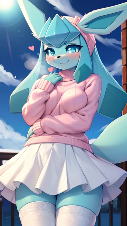 best quality,best resolution,(fluffy anthro furry :1.3),Glaceon,cyan eyes,glowing eyes,neon eyes,glistering eyes,medium breasts,pink sweater,(white skirt),white stockings,dark blue sky,huge bluemoon,hungry face,desire smile,eye close,looking at viewer,full face blush,heavy breath,very hot,heart eyes,shy expression eyes,shy pose,front view,Glaceon,young (18 years old)