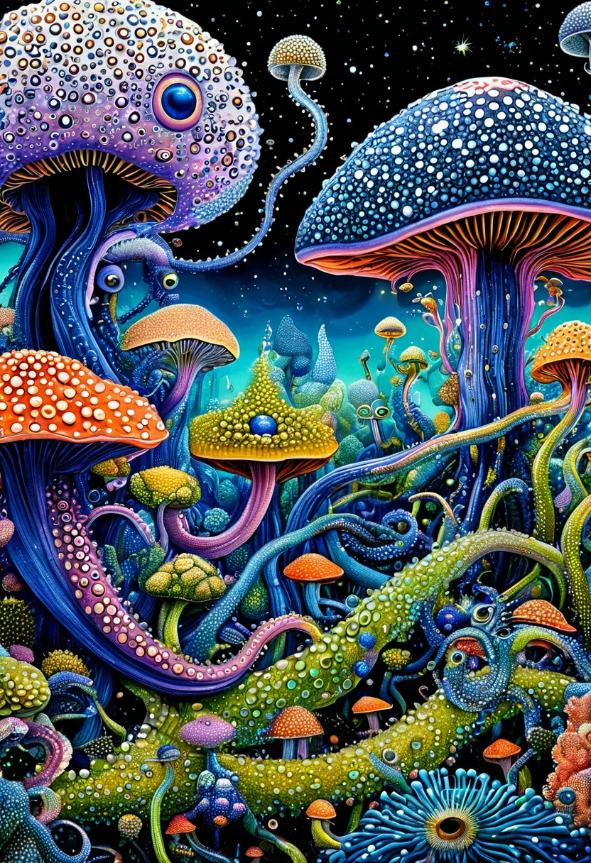 Strong visual fusion of multiple elements,Broto,Artists from the stars,house、Eye、Spore powder、Tentacles,Describing the inner world of autistic people,密集Pointillism method。Smooth lines。Strange illustration。Pointillism method。Trypophobia。Strong contrast。Award-winning works。