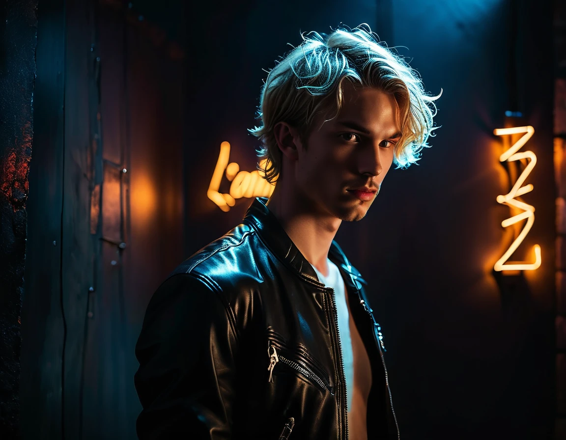 Hyper realistic, dark vibes, solo, young man, facing camera, 21 years, pale skin, model (skinny:1.2), (short wavy textured blond hair:1.2), black leather jacket, holding sharp knife, dark lighting, background (night BDSM club:1.2), foreboding, sexy, attractive, demon, incubus, evil, dark, sadistic expression(smirk:1.1), (neon sign that says:"CONTEXT":1.1,