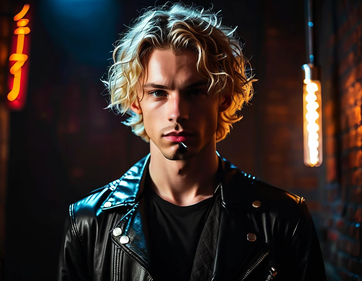 Hyper realistic, dark vibes, solo, young man, facing camera, 21 years, pale skin, model (skinny:1.2), (short wavy textured blond hair:1.2), black leather jacket, holding sharp knife, dark lighting, background (night BDSM club:1.2), foreboding, sexy, attractive, demon, incubus, evil, dark, sadistic expression(smirk:1.1), (neon sign that says:"CONTEXT":1.1,
