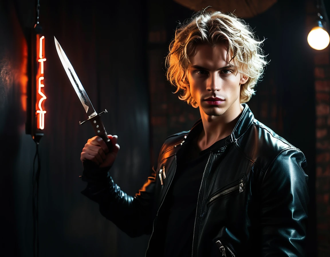Hyper realistic, dark vibes, solo, young man, facing camera, 21 years, pale skin, model (skinny:1.2), (short wavy textured blond hair:1.2), black leather jacket, holding sharp knife, dark lighting, background (night BDSM club:1.2), foreboding, sexy, attractive, demon, incubus, evil, dark, sadistic expression(smirk:1.1), (neon sign that says:"CONTEXT":1.1, 