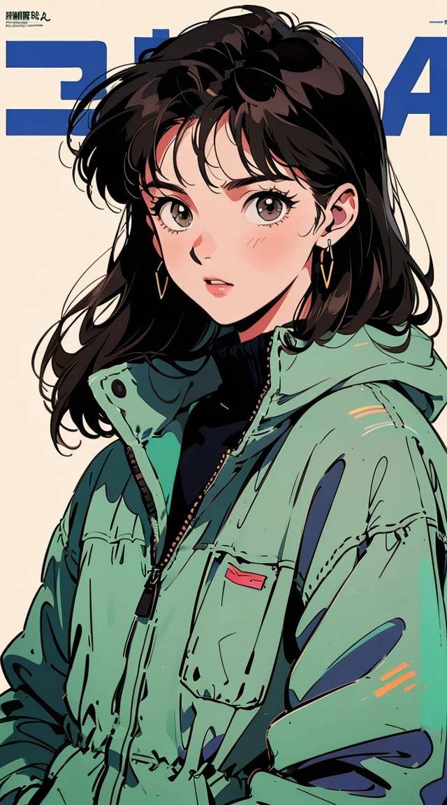 Best image quality, 90s style anime, 21 year old girl, Black Hair, Long Hair, Light brown eyes, Wearing a loose parka, 90s fashion, White Background, (Magazine Cover),