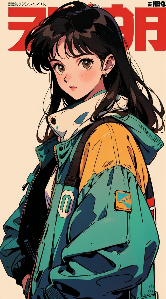 Best image quality, 90s style anime, 21 year old girl, Black Hair, Long Hair, Light brown eyes, Wearing a loose parka, 90s fashion,  White Background, (Magazine Cover), 