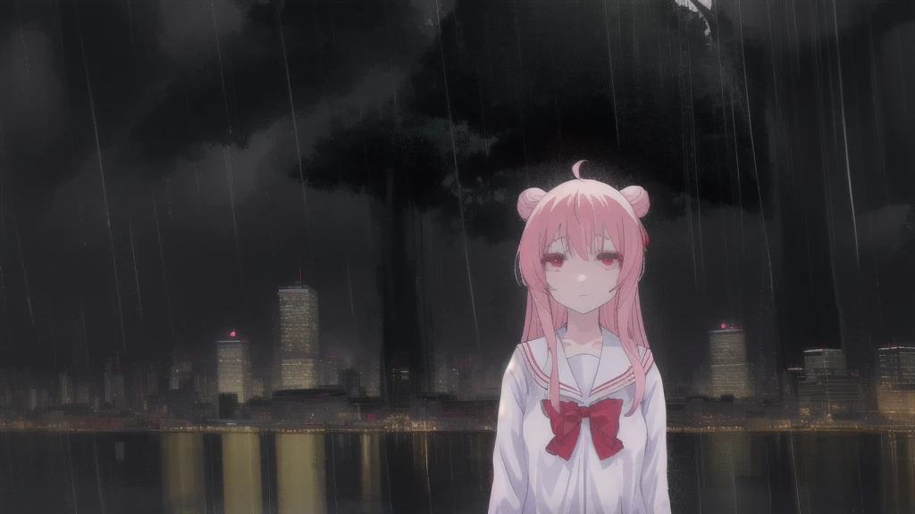 masterpiece, best quality, city background, rainy, 1girl, solo, upper body, bow, serafuku, satou, emotionless, expressionless, anime wallpaper 4k, detailed background, detailed hair