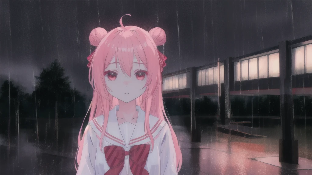 masterpiece, best quality, city background, rainy, 1girl, solo, upper body, bow, serafuku, satou, emotionless, expressionless, anime wallpaper 4k, detailed background, detailed hair