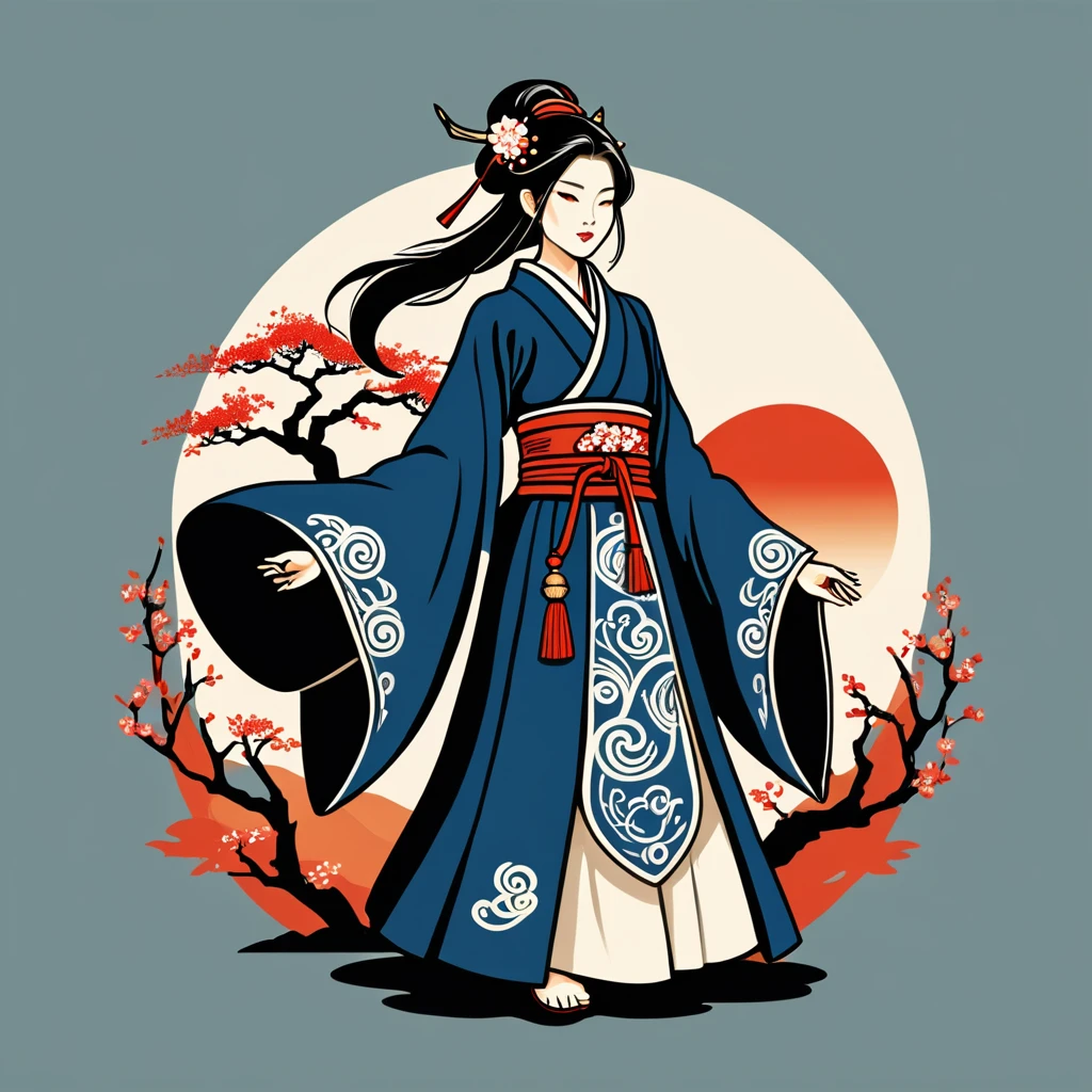 female sorcerer in japan folk outfit, vector graphics, strong contours, logo design