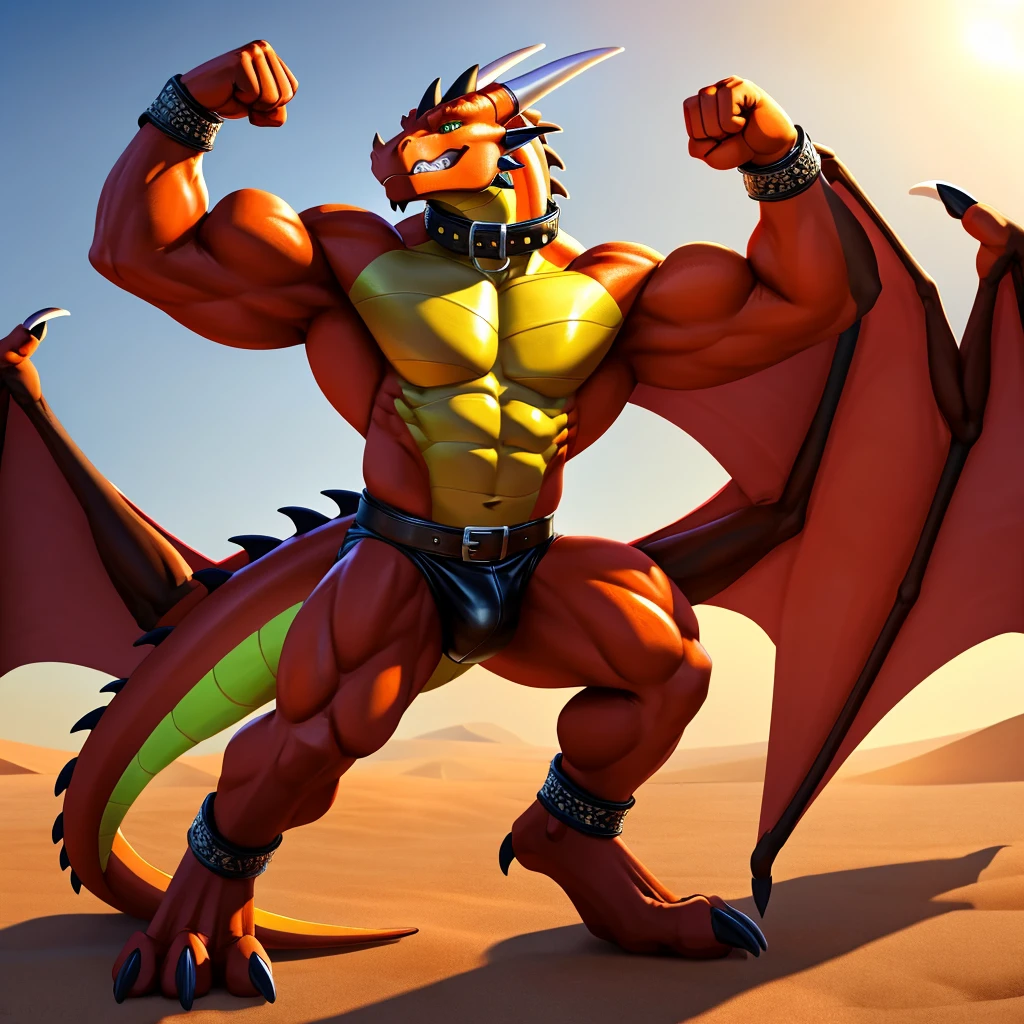 A tall, male, muscular, Dragon with biceps with yellow skin and orange front side, green eyes, (soft shading), 4k, hi res, desert background, Dragon is wearing a glossy leather dog collar around the neck, Dragon is wearing glossy leather bracelets around the wrists, Dragon is wearing glossy leather bracelets around the ankles, Dragon has three toes, small claws on fingers and toes, Dragon has 4 fingers, flexing muscles, clenching teeth, leather collar and bracelets are worn at the same time, leather collar is thick, leather collar is extremely detailed, leather bracelets are extremely detailed.