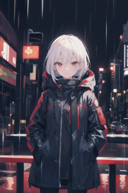 1girl,night city,rain,coat,hands in pockets
