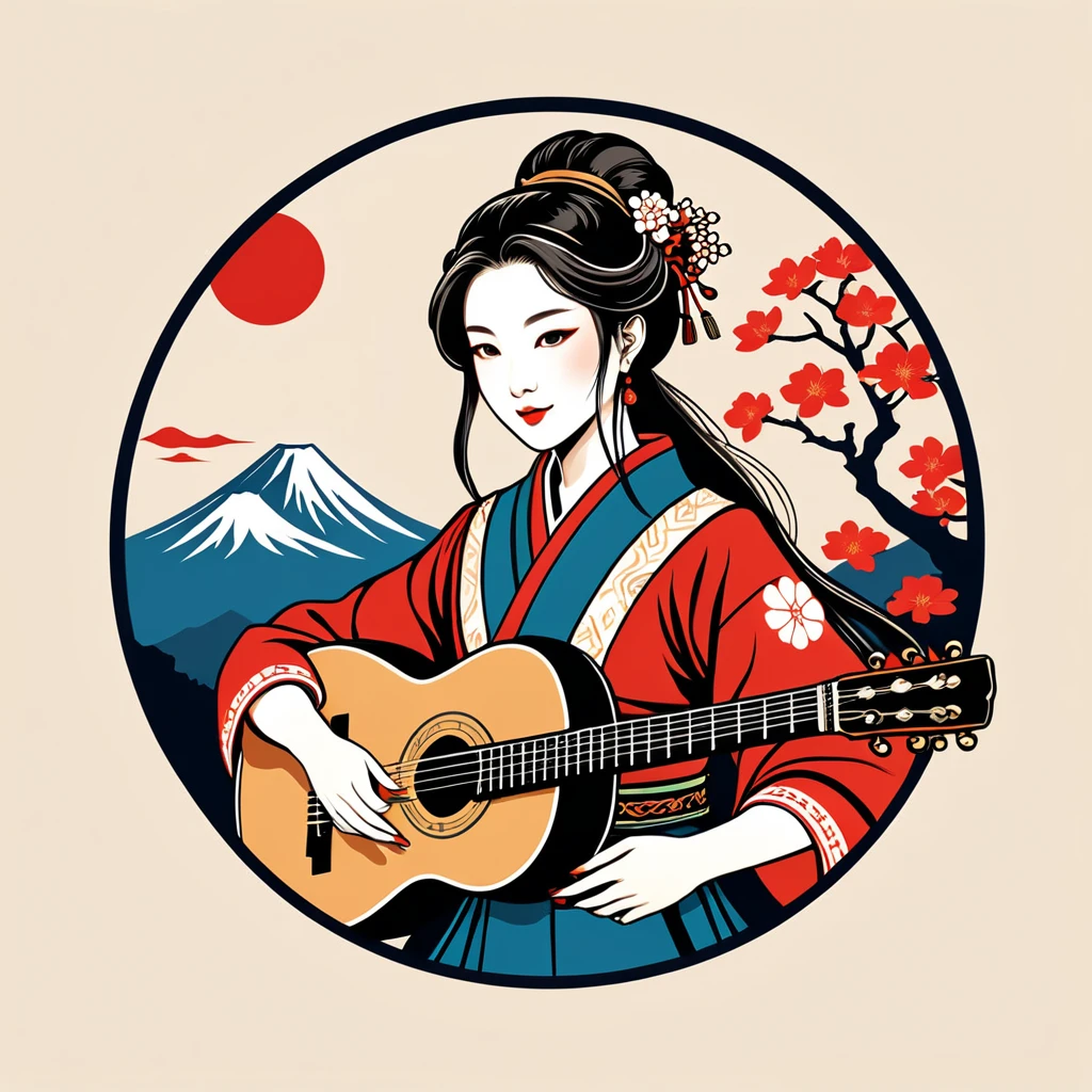 female bard in japan folk outfit, vector graphics, strong contours, logo design
