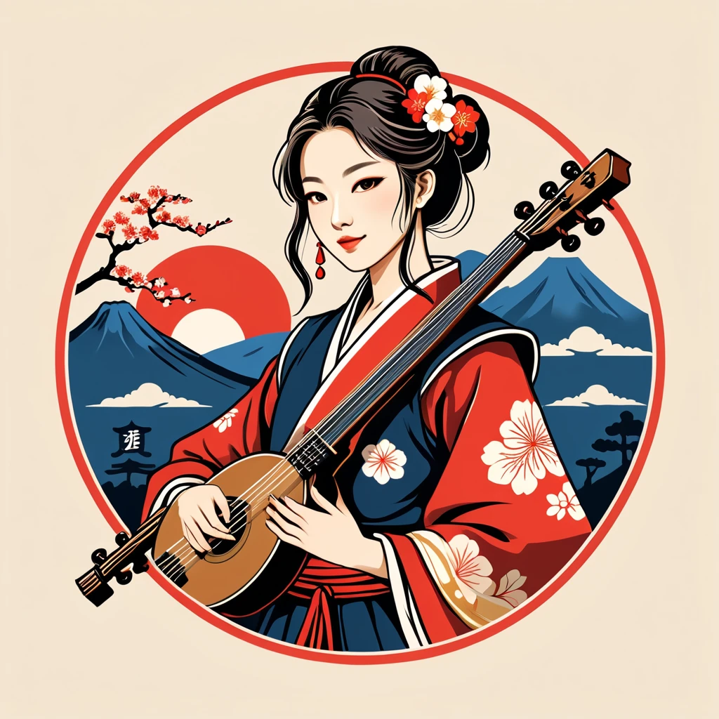female bard in japan folk outfit, vector graphics, strong contours, logo design