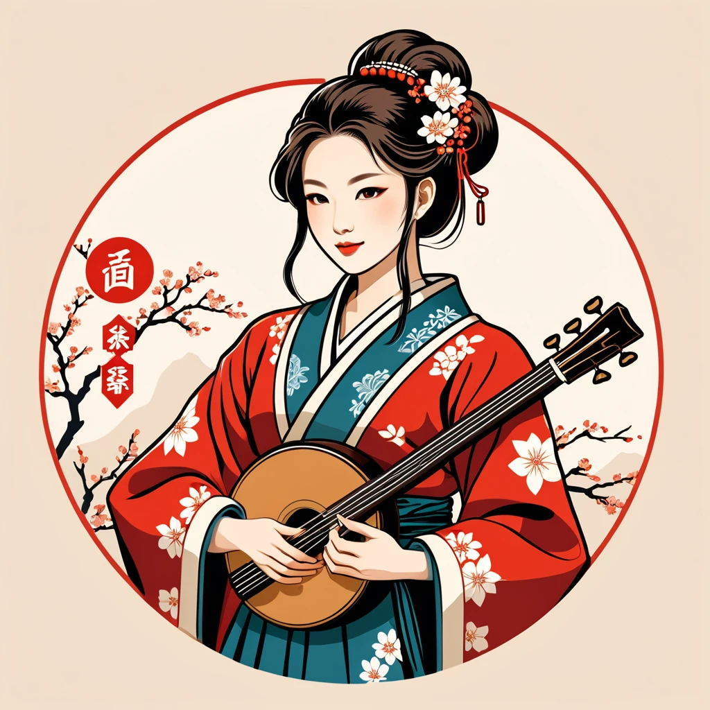 female bard in japan folk outfit, vector graphics, strong contours, logo design