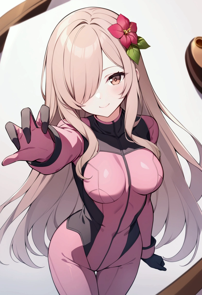 slender, mature female, 1girl, rating:safe, long_hair, solo, bodysuit, hair_ornament, hair_over_one_eye, breasts, depth_of_field, gloves, photo, flower, smile, pink_bodysuit, looking_at_viewer, swept_bangs, closed_mouth,medium_breasts, hair_flower, bangs, turtleneck, brown_hair, brown_eyes, pilot_suit, foreshortening, very_long_hair, standing, cowboy_shot, light_smile, pink_hair