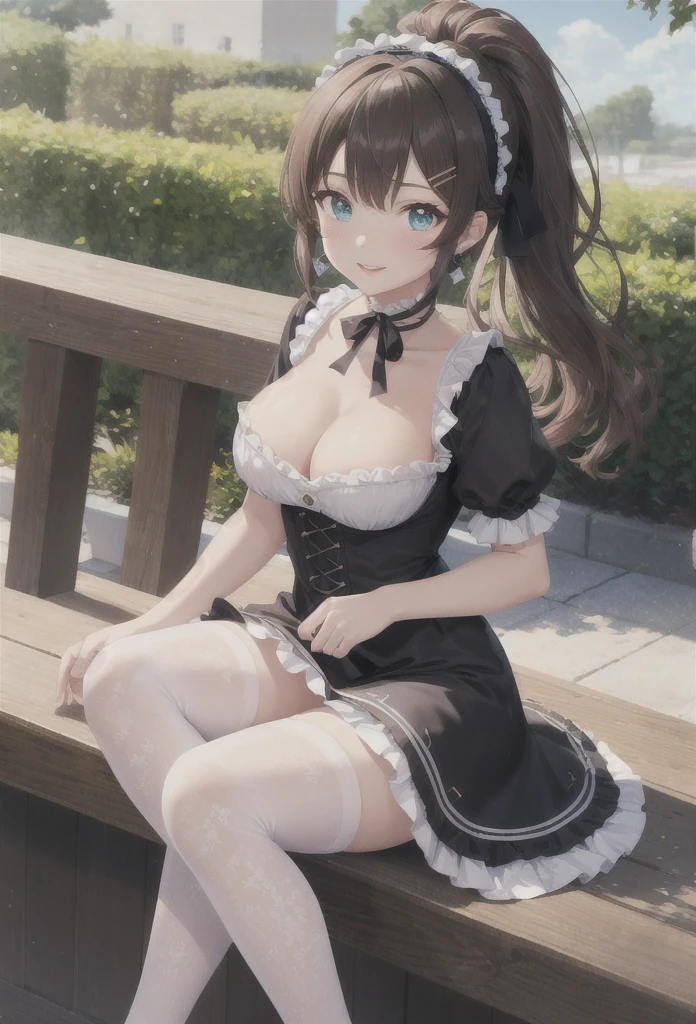 A beautiful girl in a black dress sitting on a wooden platform, anime girl, rose garden, beautiful and sunny day, black ta dress with lots of ruffles, floral print dress, short sleeve, lolihoker, low-cut chest, big round breasts, white lace thigh-high stockings, black lolita s, dark brown hair, gradient bangs, french braid, long hair, ponytail, wavy hair, swept bangs, shiny hair, hairclip, hair ribbon, hair flower, jewelry, lolita hairb aqua eyes, glowing eyes, pupils sparkling, earrings, light smile, blush, happy, red lips, slim waist, shapely legs, beautiful thighs, princess dress, short skirt, high detail, anime, dithering, image fill, perspective, Wide-Angle, f/1.8, 85mm, Sony FE GM, 8k, 8k wallpaper, super detail, highly detailed CG, UHD, retina, masterpiece, accurate, anatomically correct, textured skin, highres, best quality:1.3, 16k