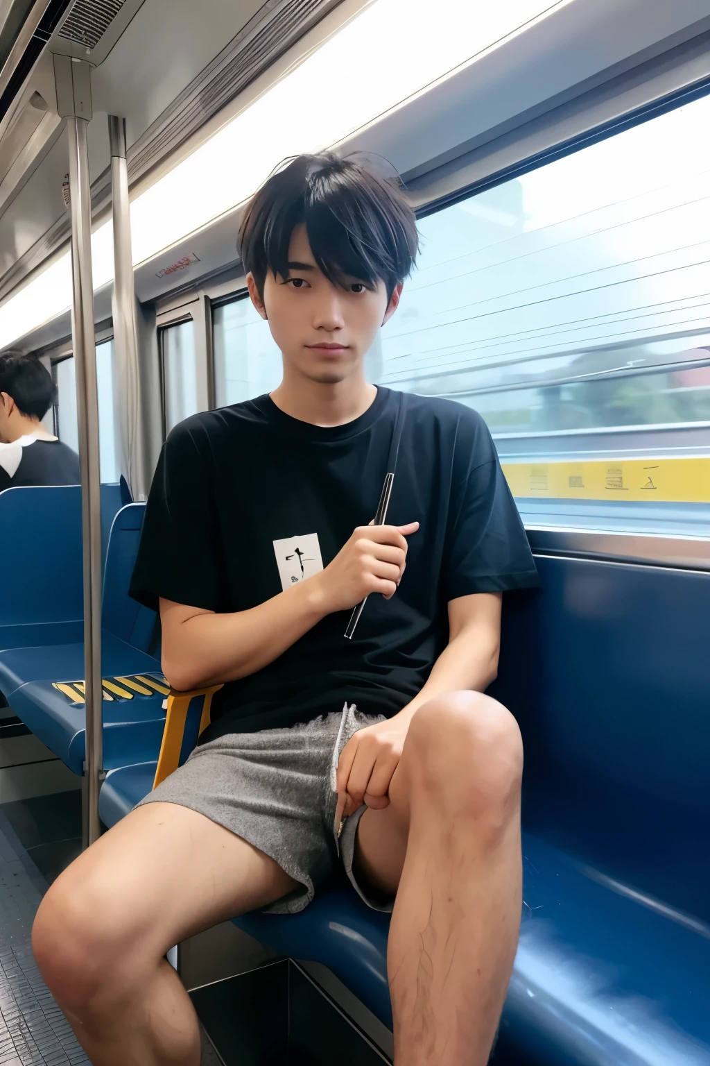 (super sharp focus), (Hairy legs), whole body, Two Block, Messy short hair, Japanese man in his 20s, wearing shorts,very short hair, Black Hair, sitting in a train seat