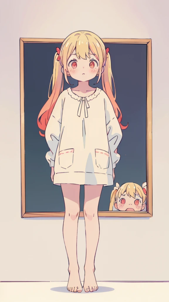 ((masterpiece))((Highest quality))girl、Confused eyes、blush、Flat Chest、Are thin、Blonde Hair、blush、Are standing、Whole body image、Eye level on face、、No background、Hair is two colors、Twin tails、Red Eyes、Two-tone red and yellow hair、Whole body image、Reflected to the toes