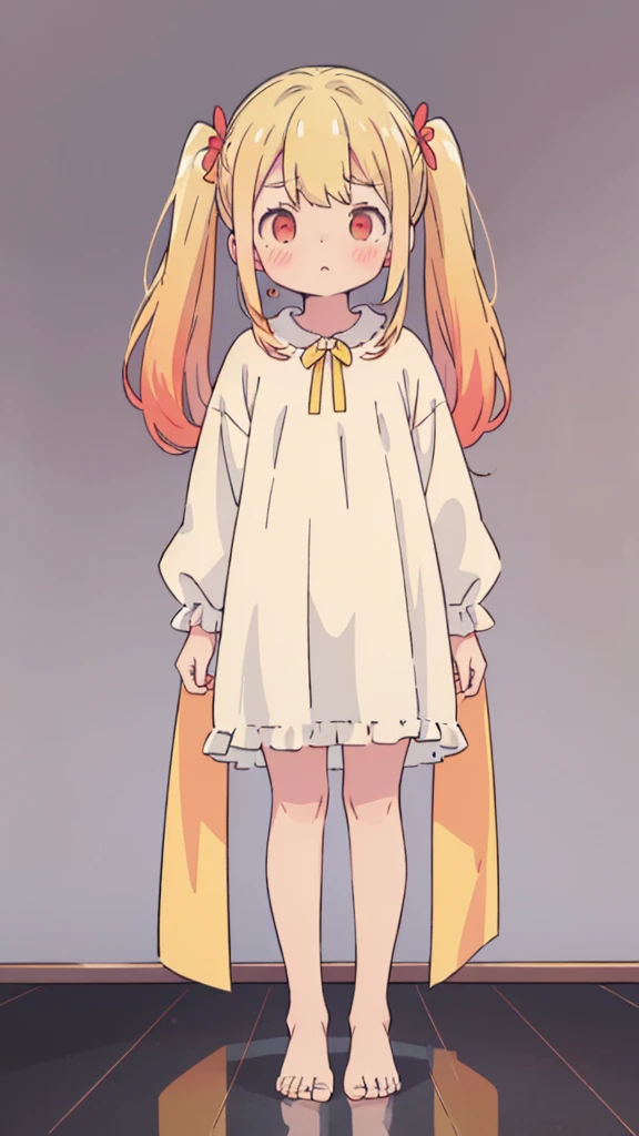 ((masterpiece))((Highest quality))girl、Confused eyes、blush、Flat Chest、Are thin、Blonde Hair、blush、Are standing、Whole body image、Eye level on face、、No background、Hair is two colors、Twin tails、Red Eyes、Two-tone red and yellow hair、Whole body image、Reflected to the toes