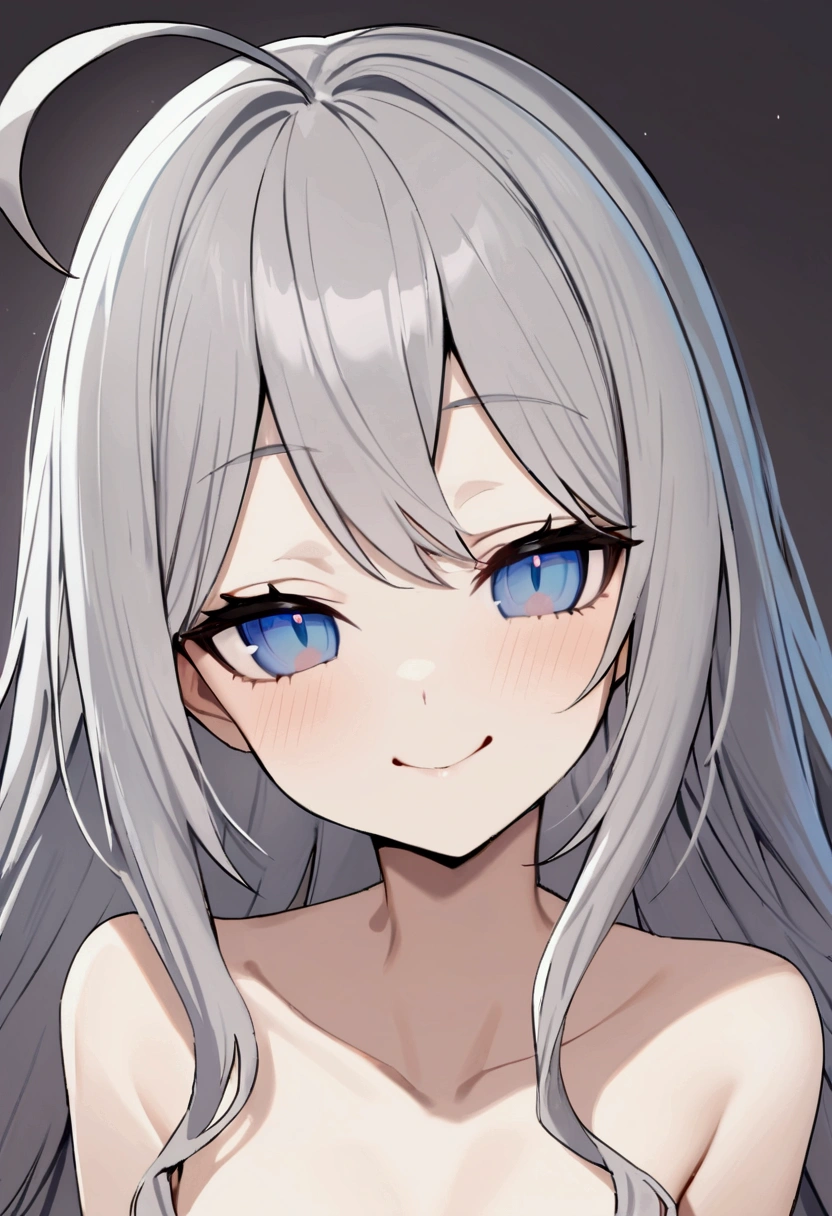 (masterpiece, Highest quality),( One Girl),high resolution, whole body,Shortcuts,Gray Hair,Fair skin,Blue and light blue odd eyes,Completely naked,My hair is wavy,Big Ahoge,Smiling with mouth closed,Juvenile atmosphere
