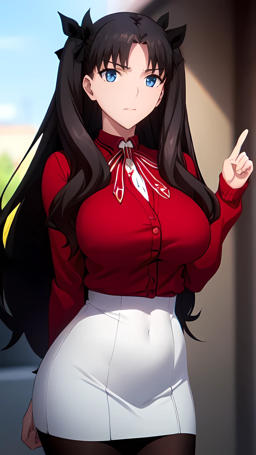 (front view detailed body, long belly , slender body, tight body , thicc, medium breast, breast, long thighs, masterpiece, long hair, very long hair, , (tohsaka_rin_fatestaynightufotable:1.10) , cowboy shot, front shot, looking at viewer, shirt, skirt, parted skirt, mini skirt, red cardigan , school_uniform, cardigan, pantyhose, day, outdoors, 20yo,Young female,Beautiful Finger,Beautiful long legs,Beautiful body,Beautiful Nose,Beautiful character design, perfect eyes, perfect face,expressive eyes, looking at viewer,(Full_body),(Focus on her face), official art,extremely detailed CG unity 8k wallpaper, perfect lighting,Colorful, Bright_Front_face_Lighting,shiny skin, (masterpiece:1.0),(best_quality:1.0), ultra high res,4K,ultra-detailed, photography, 8K, HDR, highres, absurdres:1.2, Kodak portra 400, film grain, blurry background, bokeh:1.2, lens flare, (vibrant_color:1.2) (Beautiful,large_Breasts:1.4), (beautiful_face:1.5),(narrow_waist), facing the viewer