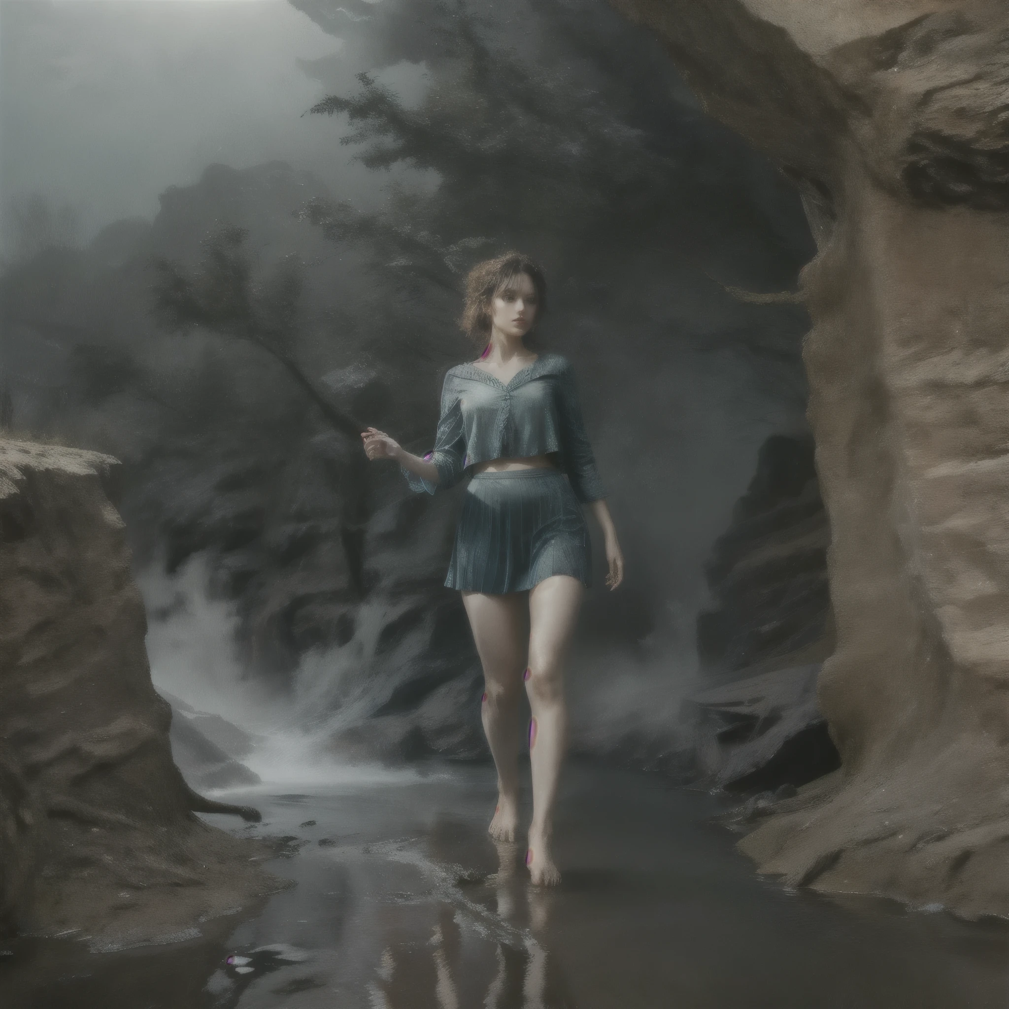A highly detailed and hyper-realistic depiction of a princess in green skirt, in blue shirt, fire elemental girl, wearing white panties, Realistic hands. ((full body)), mybeauties, The perspective is from below. ((Full body, bare feet)). The character is surrounded by mist, evoking a mysterious and eerie atmosphere. The lighting is dark and atmospheric, with a red smoke adding a touch of sinister ambiance. The image is of the best quality, with a resolution of 4k and HDR enhancement, showcasing the utmost level of detail and realism, sfw, full body shot.