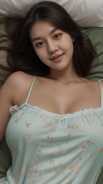 1girl, extremely cute face, Asian woman, Amazing face and eyes, (highly detailed eyes, highly detailed face), Fresh, very clean appearance, (hyper-realistic, height resolution), (best Quality:1.4), Raw photo, (Realistic, Photorealsitic:1.37), Professional Photography, Cinematic Light, (floral pattern nightgown:1.25), (amazing big breasts:1.1), (open nightgown), (bare shoulders), Smile slightly, (Lying face up in the futon:1.5), (staring at me), Bedroom, futon, pillow, relaxing, lantern light, vonzy