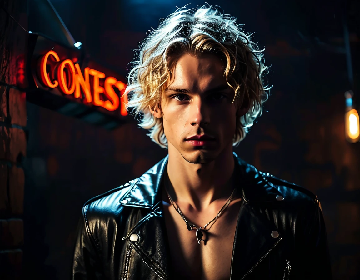 Hyper realistic, dark vibes, solo, young man, facing camera, 21 years, pale skin, model (skinny:1.2), (short wavy textured blond hair:1.2), black leather jacket, holding sharp knife, dark lighting, background (night BDSM club:1.2), foreboding, sexy, attractive, demon, incubus, evil, dark, sadistic expression(smirk:1.1), (red neon sign that says "CONTEXT":1.1)