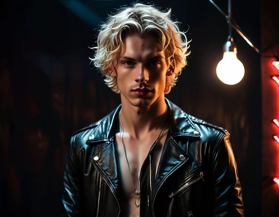 Hyper realistic, dark vibes, solo, young man, facing camera, 21 years, pale skin, model (skinny:1.2), (short wavy textured blond hair:1.2), black leather jacket, holding sharp knife, dark lighting, background (night BDSM club:1.2), foreboding, sexy, attractive, demon, incubus, evil, dark, sadistic expression(smirk:1.1), (red neon sign that says "CONTEXT":1.1)