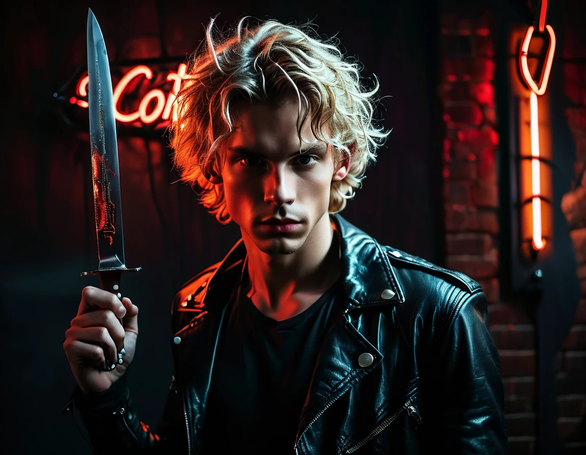 Hyper realistic, dark vibes, solo, young man, facing camera, 21 years, pale skin, model (skinny:1.2), (short wavy textured blond hair:1.2), black leather jacket, holding sharp knife, dark lighting, background (night BDSM club:1.2), foreboding, sexy, attractive, demon, incubus, evil, dark, sadistic expression(smirk:1.1), (red neon sign that says "CONTEXT":1.1)