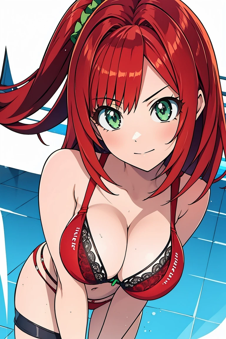 anime girl, leaning forward, forward the viewer, red hair, green eyes, front view, bra